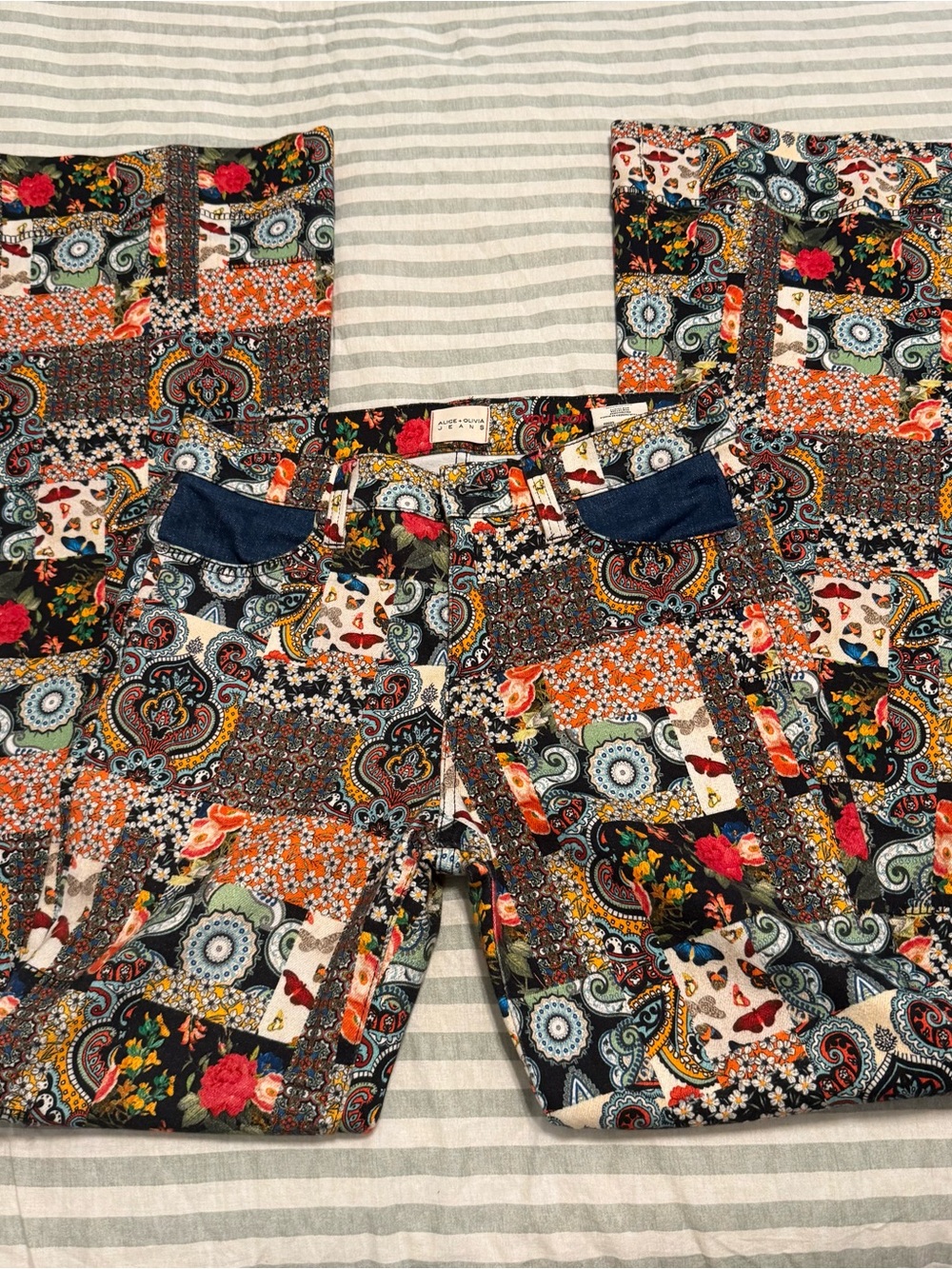 Alice + Olivia patchwork floral flared bell jeans